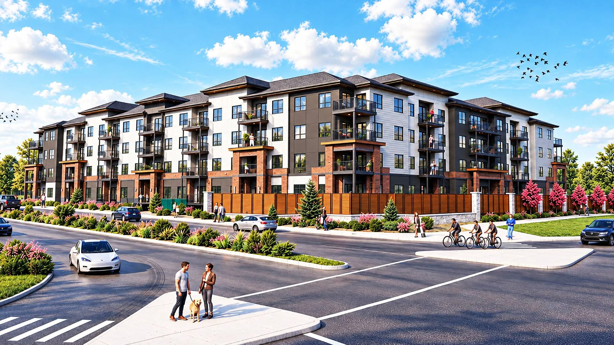 Architectural rendering of Mason at Hillshire from the street: a four-storey building with brick piers, balconies and pitched roofs